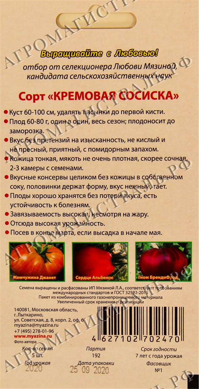 Описание и характеристика томата Сосиска кремовая, отзывы, фото